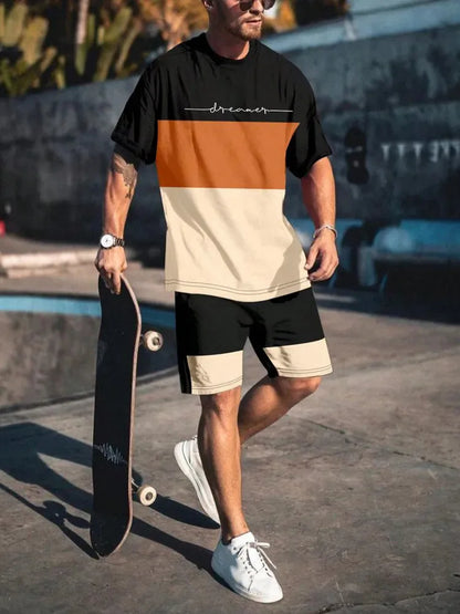 Men's sports suit, casual suit, fashionable letter printed round neck short sleeved T-shirt, men's loose drawstring pocket short