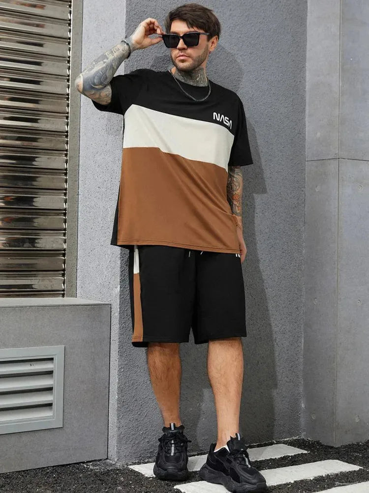 Men's sports suit, casual suit, fashionable letter printed round neck short sleeved T-shirt, men's loose drawstring pocket short