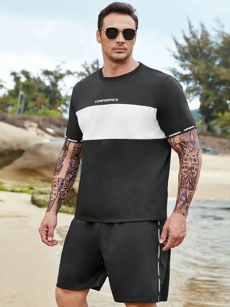 Men's sports suit, casual suit, fashionable letter printed round neck short sleeved T-shirt, men's loose drawstring pocket short