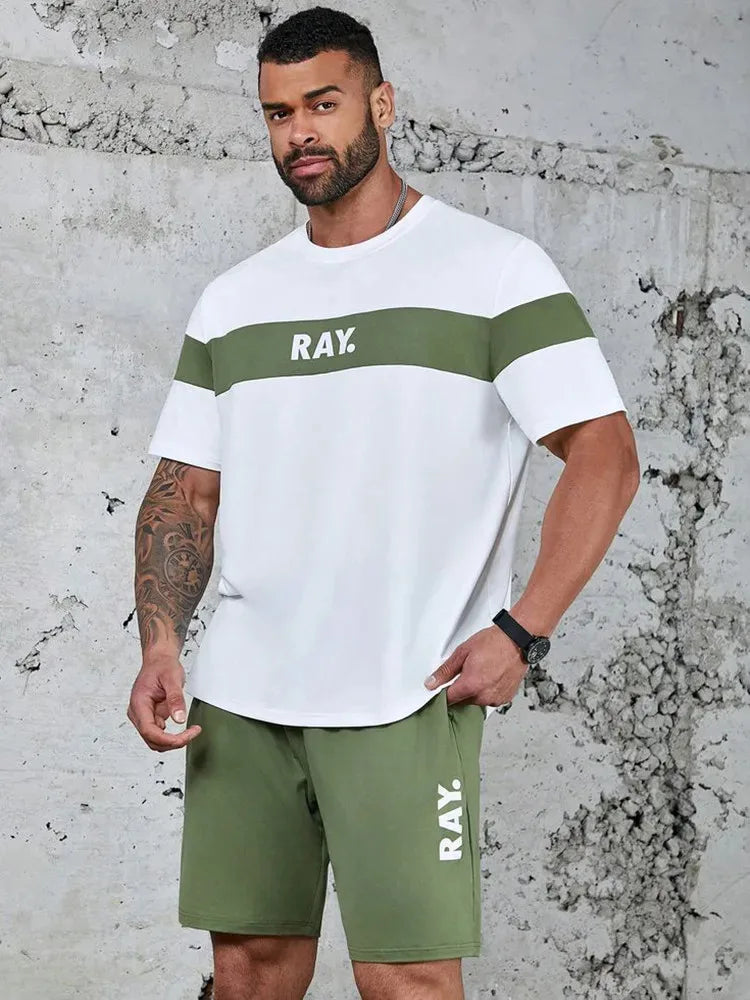 Men's sports suit, casual suit, fashionable letter printed round neck short sleeved T-shirt, men's loose drawstring pocket short
