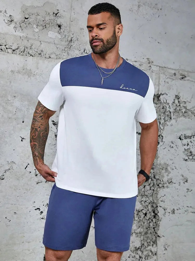 Men's sports suit, casual suit, fashionable letter printed round neck short sleeved T-shirt, men's loose drawstring pocket short