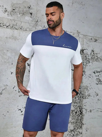 Men's sports suit, casual suit, fashionable letter printed round neck short sleeved T-shirt, men's loose drawstring pocket short
