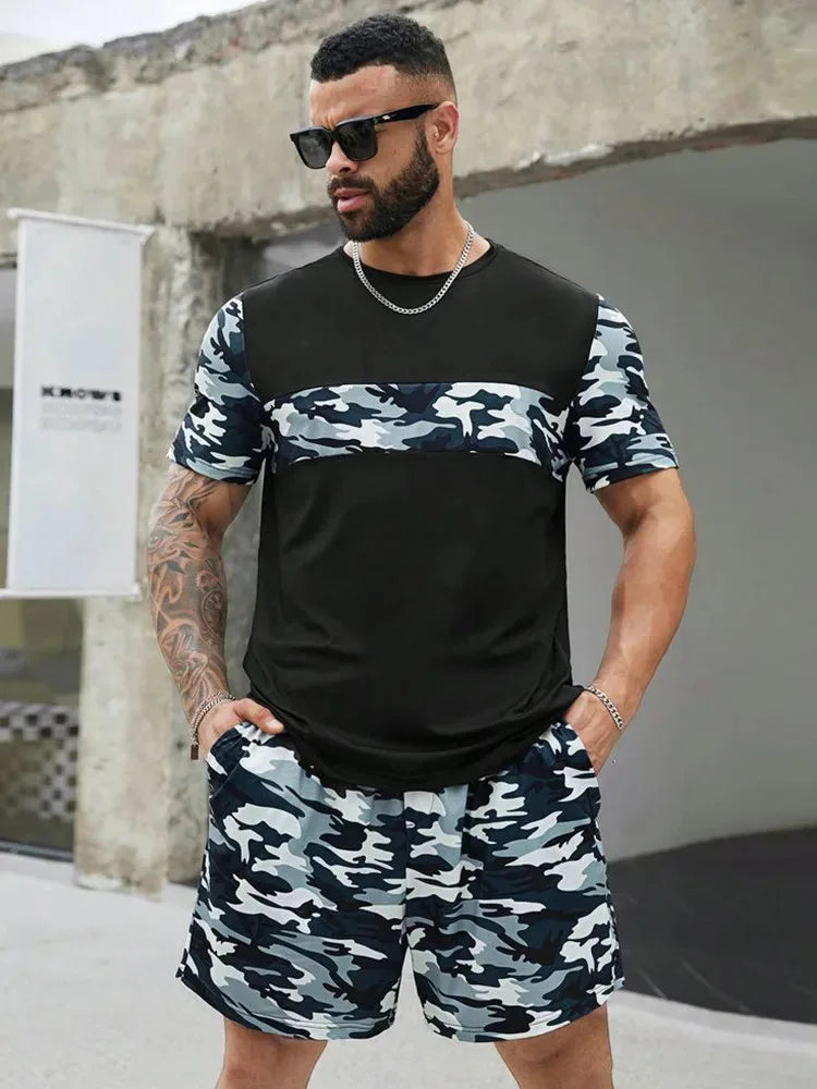 Men's sports suit, casual suit, fashionable letter printed round neck short sleeved T-shirt, men's loose drawstring pocket short