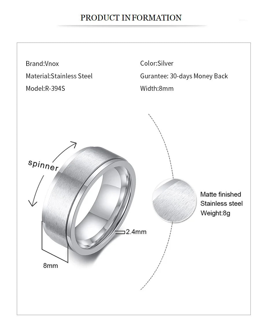 Vnox 8mm Rotatable Basic Ring for Men Black Stainless Steel Casual Male Anel Stylish Punk Spinner Alliance Jewelry