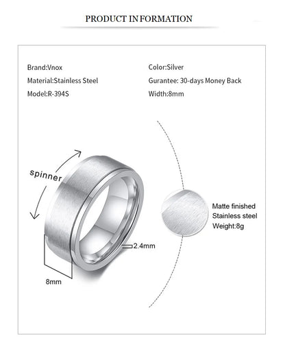 Vnox 8mm Rotatable Basic Ring for Men Black Stainless Steel Casual Male Anel Stylish Punk Spinner Alliance Jewelry