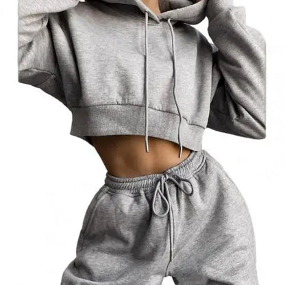 White Autumn Sexy Hoodies Pants Set Tracksuit Hooded Drawstring Women Long Sleeve Crop Top Hoodies Pockets Trousers for Sports
