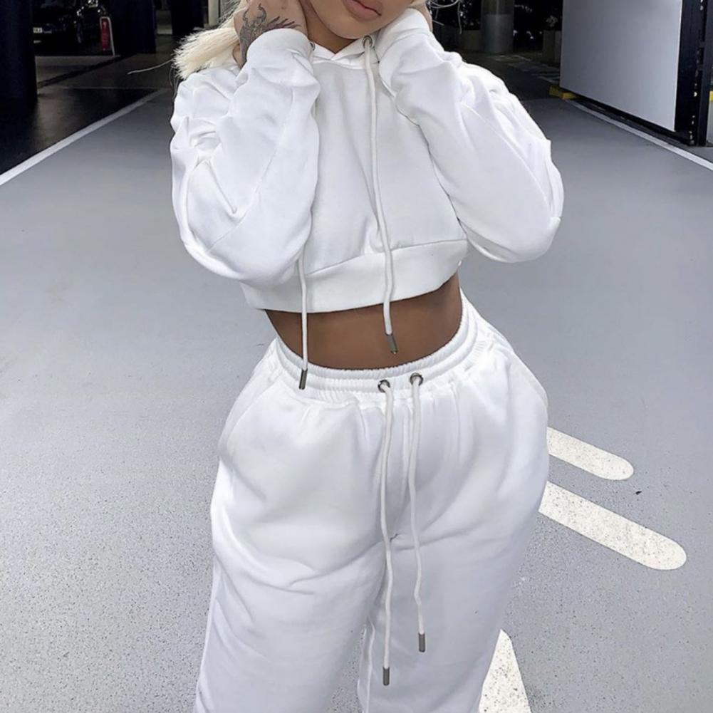 White Autumn Sexy Hoodies Pants Set Tracksuit Hooded Drawstring Women Long Sleeve Crop Top Hoodies Pockets Trousers for Sports