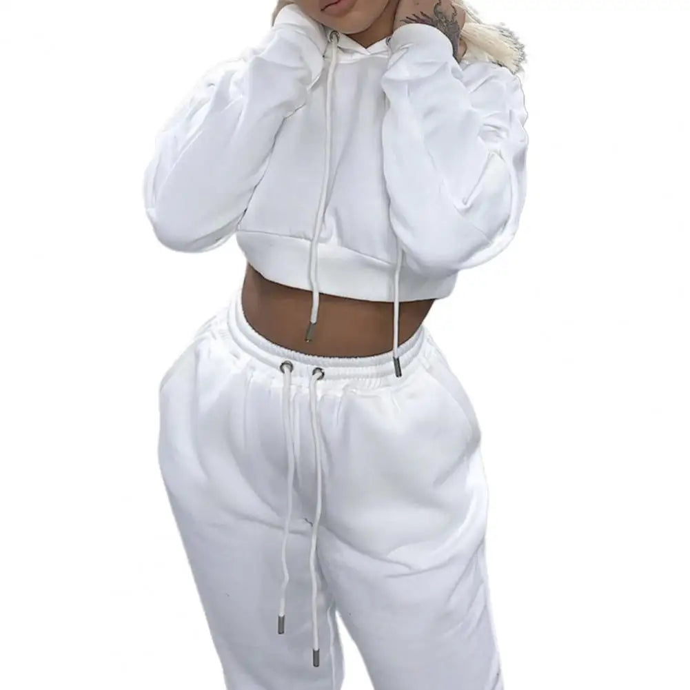 White Autumn Sexy Hoodies Pants Set Tracksuit Hooded Drawstring Women Long Sleeve Crop Top Hoodies Pockets Trousers for Sports