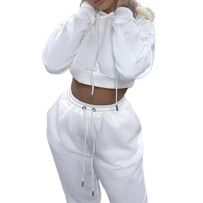 White Autumn Sexy Hoodies Pants Set Tracksuit Hooded Drawstring Women Long Sleeve Crop Top Hoodies Pockets Trousers for Sports