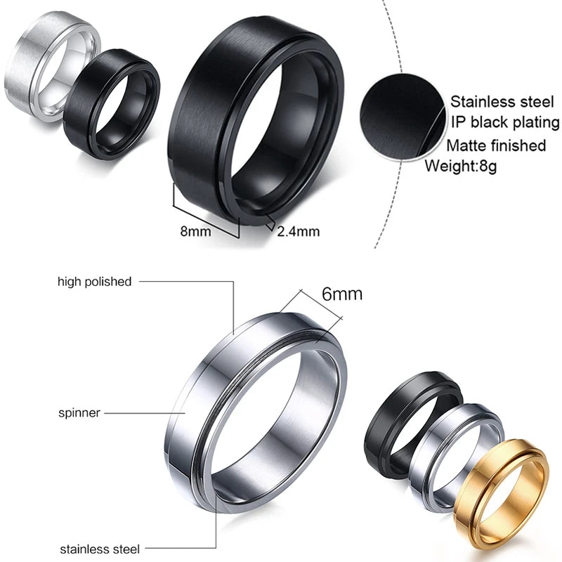 Vnox 8mm Rotatable Basic Ring for Men Black Stainless Steel Casual Male Anel Stylish Punk Spinner Alliance Jewelry