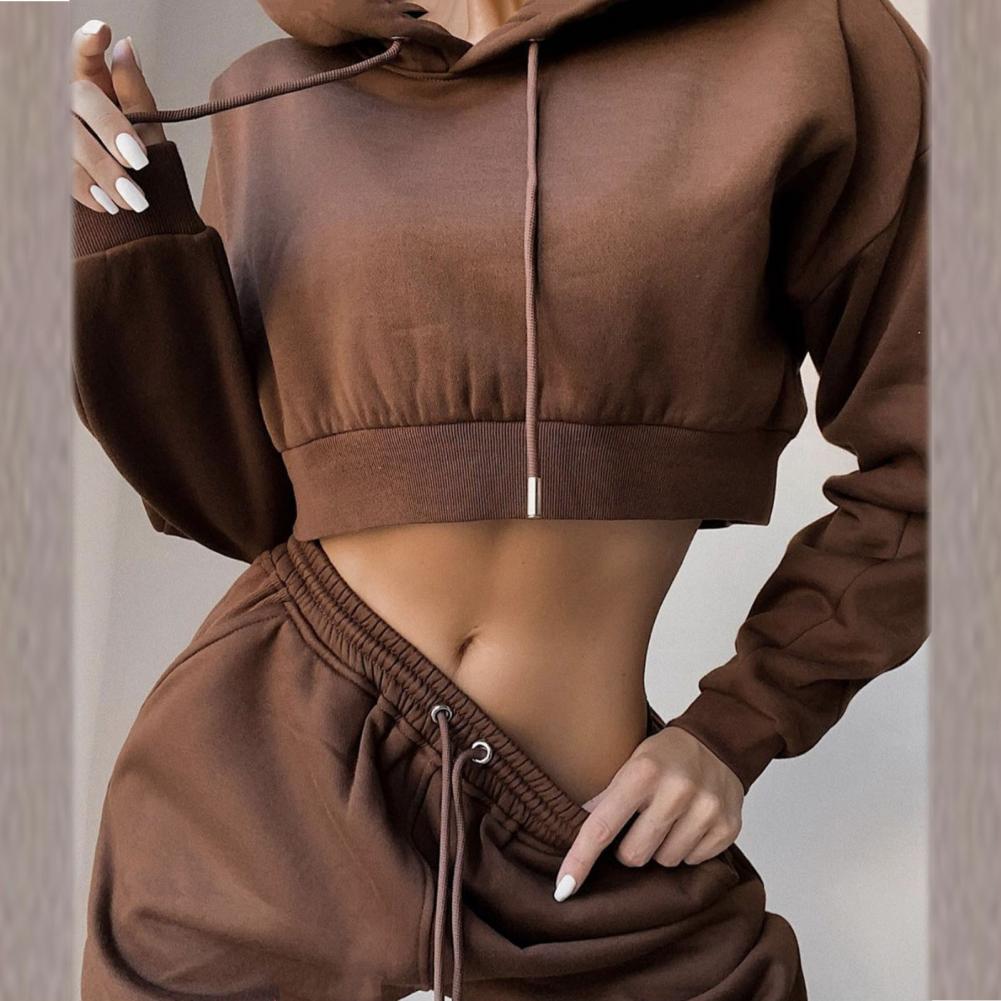 White Autumn Sexy Hoodies Pants Set Tracksuit Hooded Drawstring Women Long Sleeve Crop Top Hoodies Pockets Trousers for Sports
