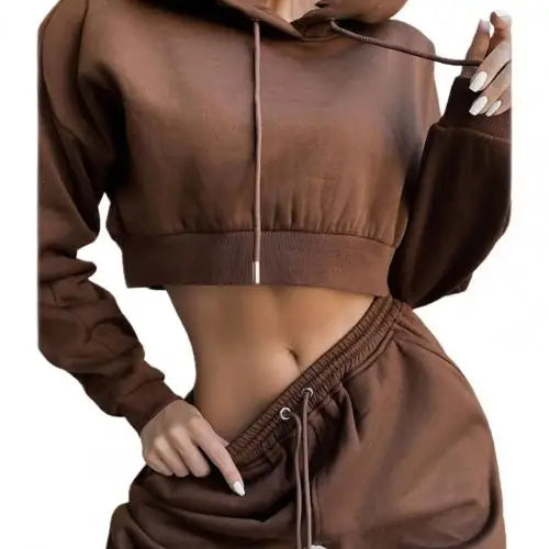 White Autumn Sexy Hoodies Pants Set Tracksuit Hooded Drawstring Women Long Sleeve Crop Top Hoodies Pockets Trousers for Sports