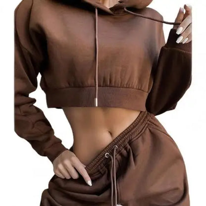 White Autumn Sexy Hoodies Pants Set Tracksuit Hooded Drawstring Women Long Sleeve Crop Top Hoodies Pockets Trousers for Sports