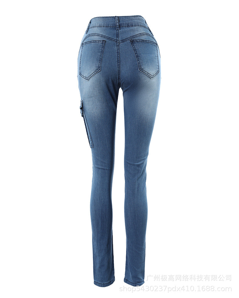 Women's Denim Pants 2024 Summer New Fashion Solid Color Buttoned Pocket Zipper Design High Waist Casual Daily Skinny Jeans