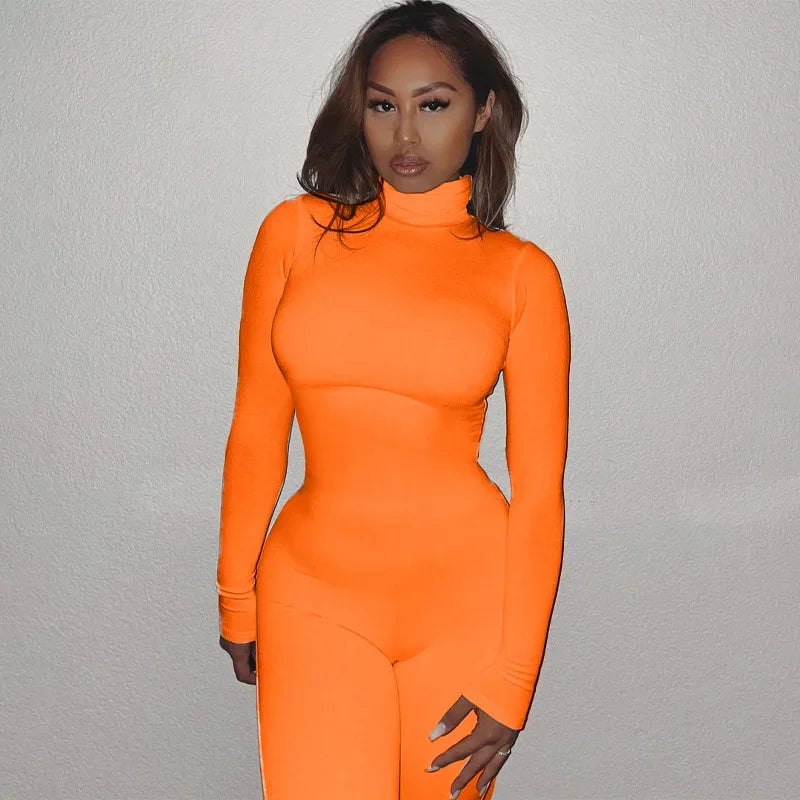 BWQ Casual Women Long Sleeve Turtleneck Long Sleeve Skinny Stretchy Jumpsuit 2024 Autumn Winter One Piece Suit INS Playsuit