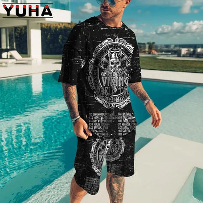 YUHA,Summer Men's Clothing T Shirt Sets 3D Terrible Skeleton Print Casual Shorts Tracksuit Male 2 Piece Suit Newest Short Sleev