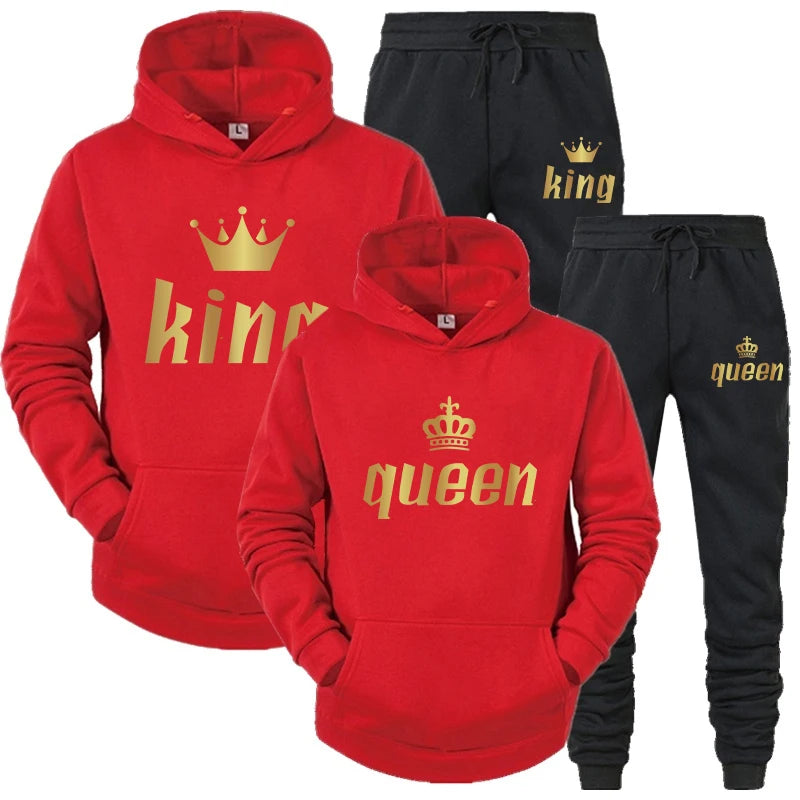 King and Queen Printed Hooded Suits for Couple, Hoodie and Pants, Valentine's Day Present, Fashion Suit, Autumn, Winter, 2 Pcs