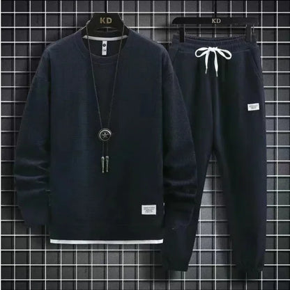 Autumn Winter New Solid Color Casual Hong Kong Style Loose-Fit Long Sleeve Top Sports Suit Round Neck Sweatshirt Men's Set