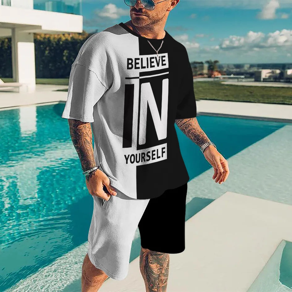 2024 Fashion Men's Sportswear 3D Patchwork Print Tees Shorts 2Pcs Sets Summer Short Sleeve T-Shirt Suit Casual Tracksuit Outfits