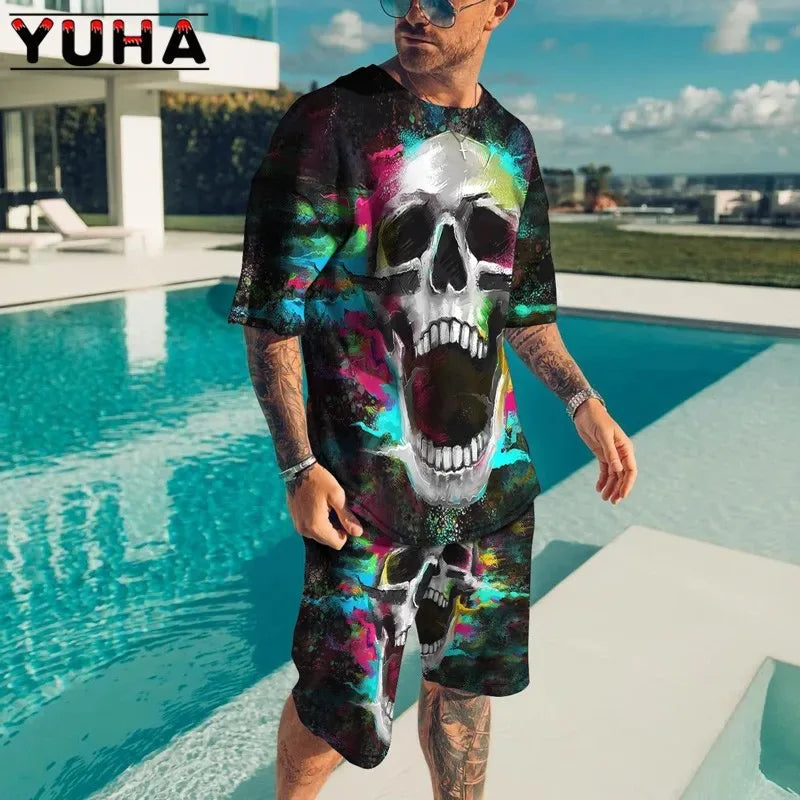 YUHA,Summer Men's Clothing T Shirt Sets 3D Terrible Skeleton Print Casual Shorts Tracksuit Male 2 Piece Suit Newest Short Sleev