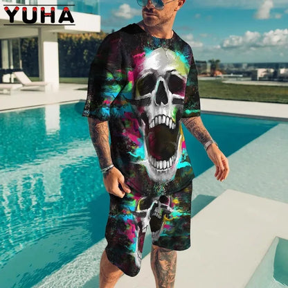 YUHA,Summer Men's Clothing T Shirt Sets 3D Terrible Skeleton Print Casual Shorts Tracksuit Male 2 Piece Suit Newest Short Sleev