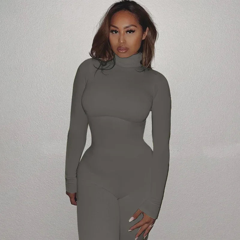 BWQ Casual Women Long Sleeve Turtleneck Long Sleeve Skinny Stretchy Jumpsuit 2024 Autumn Winter One Piece Suit INS Playsuit