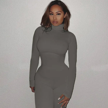 BWQ Casual Women Long Sleeve Turtleneck Long Sleeve Skinny Stretchy Jumpsuit 2024 Autumn Winter One Piece Suit INS Playsuit