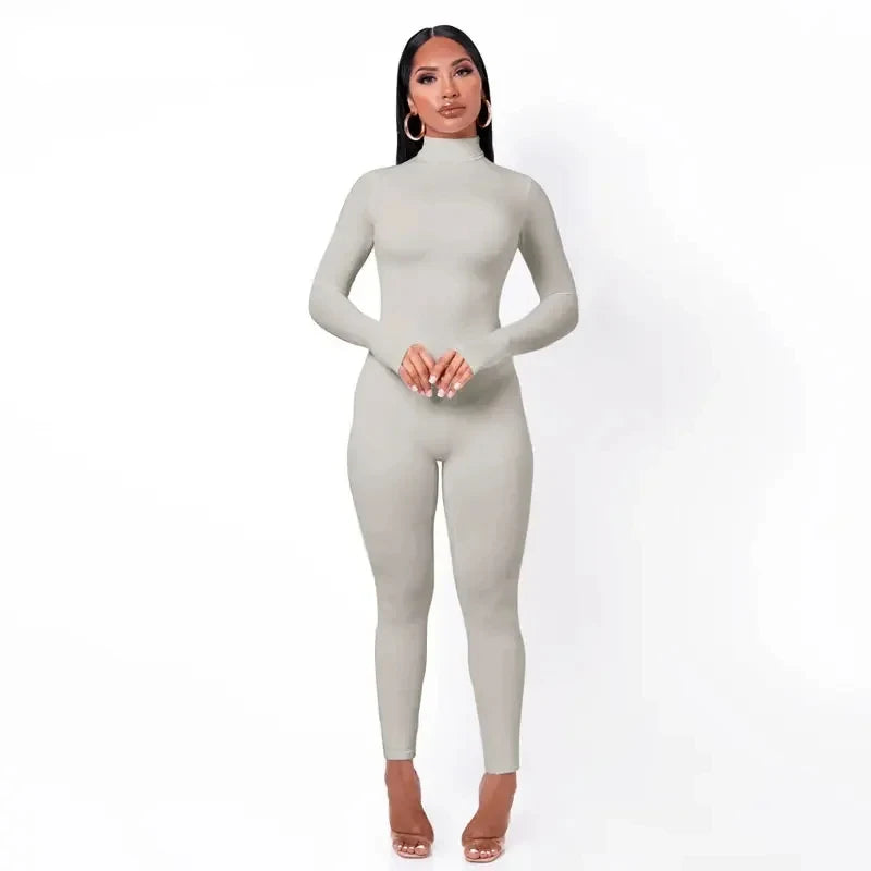 BWQ Casual Women Long Sleeve Turtleneck Long Sleeve Skinny Stretchy Jumpsuit 2024 Autumn Winter One Piece Suit INS Playsuit