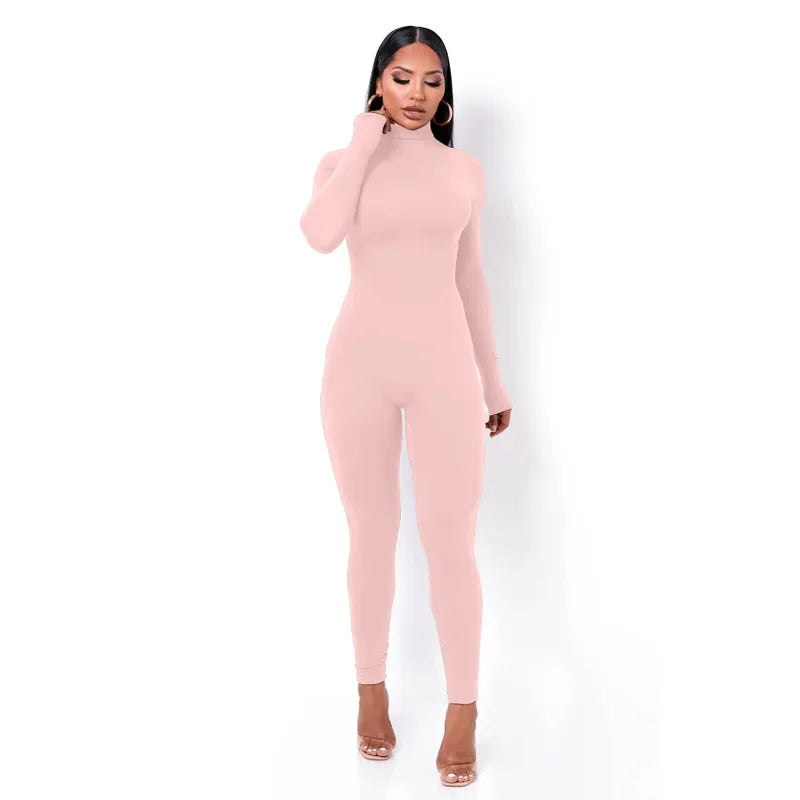 BWQ Casual Women Long Sleeve Turtleneck Long Sleeve Skinny Stretchy Jumpsuit 2024 Autumn Winter One Piece Suit INS Playsuit