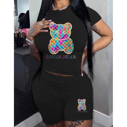 Short Sets Female 2024 Fashion O Neck Shrot Sleeve T Shirt Tee Cartoon Top and Short Pants 2 Piece Set Suit Shorts Sets Womens