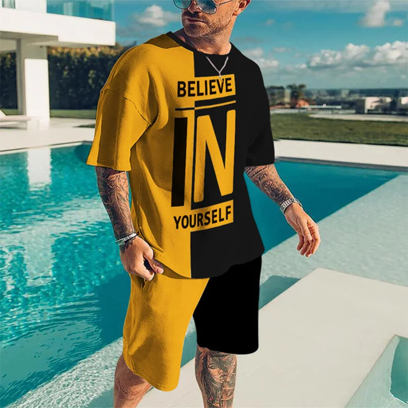 New Summer Men's Tracksuit Believe in Yourself T-shirt Shorts Set Sport Outfit Jogging Suit Oversized Clothes Outdoor Streetwear