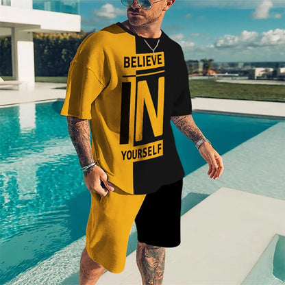 New Summer Men's Tracksuit Believe in Yourself T-shirt Shorts Set Sport Outfit Jogging Suit Oversized Clothes Outdoor Streetwear