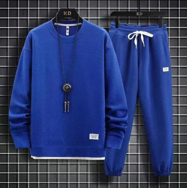 Autumn Winter New Solid Color Casual Hong Kong Style Loose-Fit Long Sleeve Top Sports Suit Round Neck Sweatshirt Men's Set