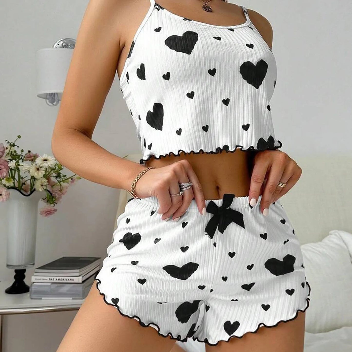 2Pcs/Set Summer Women Top Shorts Suit Backless Heart Print Bow Decor Sleeveless Vest Elastic High Waist Short Pants Lady Outfit