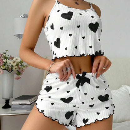 2Pcs/Set Summer Women Top Shorts Suit Backless Heart Print Bow Decor Sleeveless Vest Elastic High Waist Short Pants Lady Outfit