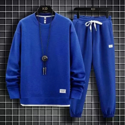 Autumn Winter New Solid Color Casual Hong Kong Style Loose-Fit Long Sleeve Top Sports Suit Round Neck Sweatshirt Men's Set