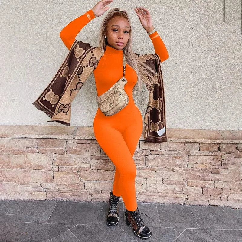 BWQ Casual Women Long Sleeve Turtleneck Long Sleeve Skinny Stretchy Jumpsuit 2024 Autumn Winter One Piece Suit INS Playsuit