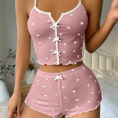 2Pcs/Set Summer Women Top Shorts Suit Backless Heart Print Bow Decor Sleeveless Vest Elastic High Waist Short Pants Lady Outfit