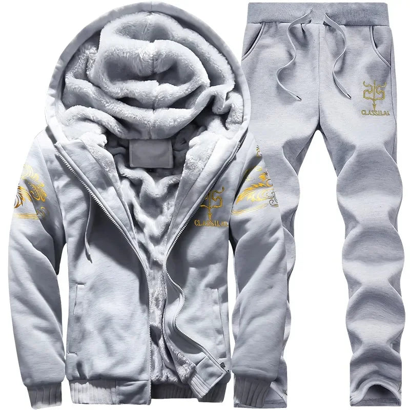 2023 New Winter Thick Men Sports Suit Tracksuit Hooded Sportswear Zipper Cardigan Hooded Woolen Trousers Pants Casual Men Set