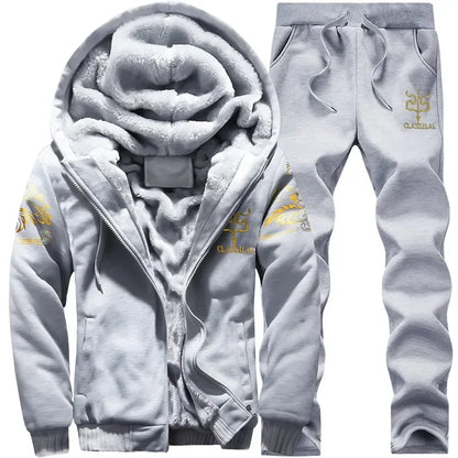2023 New Winter Thick Men Sports Suit Tracksuit Hooded Sportswear Zipper Cardigan Hooded Woolen Trousers Pants Casual Men Set