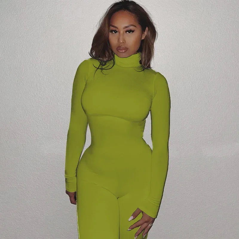 BWQ Casual Women Long Sleeve Turtleneck Long Sleeve Skinny Stretchy Jumpsuit 2024 Autumn Winter One Piece Suit INS Playsuit