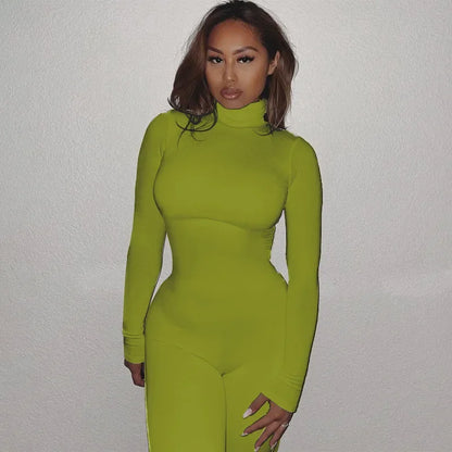 BWQ Casual Women Long Sleeve Turtleneck Long Sleeve Skinny Stretchy Jumpsuit 2024 Autumn Winter One Piece Suit INS Playsuit