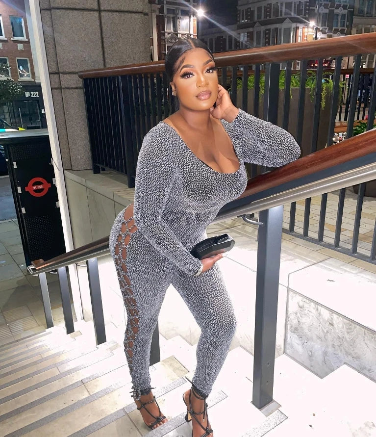 Sexy Fashion Jumpsuit 2024 Autumn Temperament Commuting Women's Clothing Skinny Allover Print Lace-Up Side Long Sleeve Jumpsuits