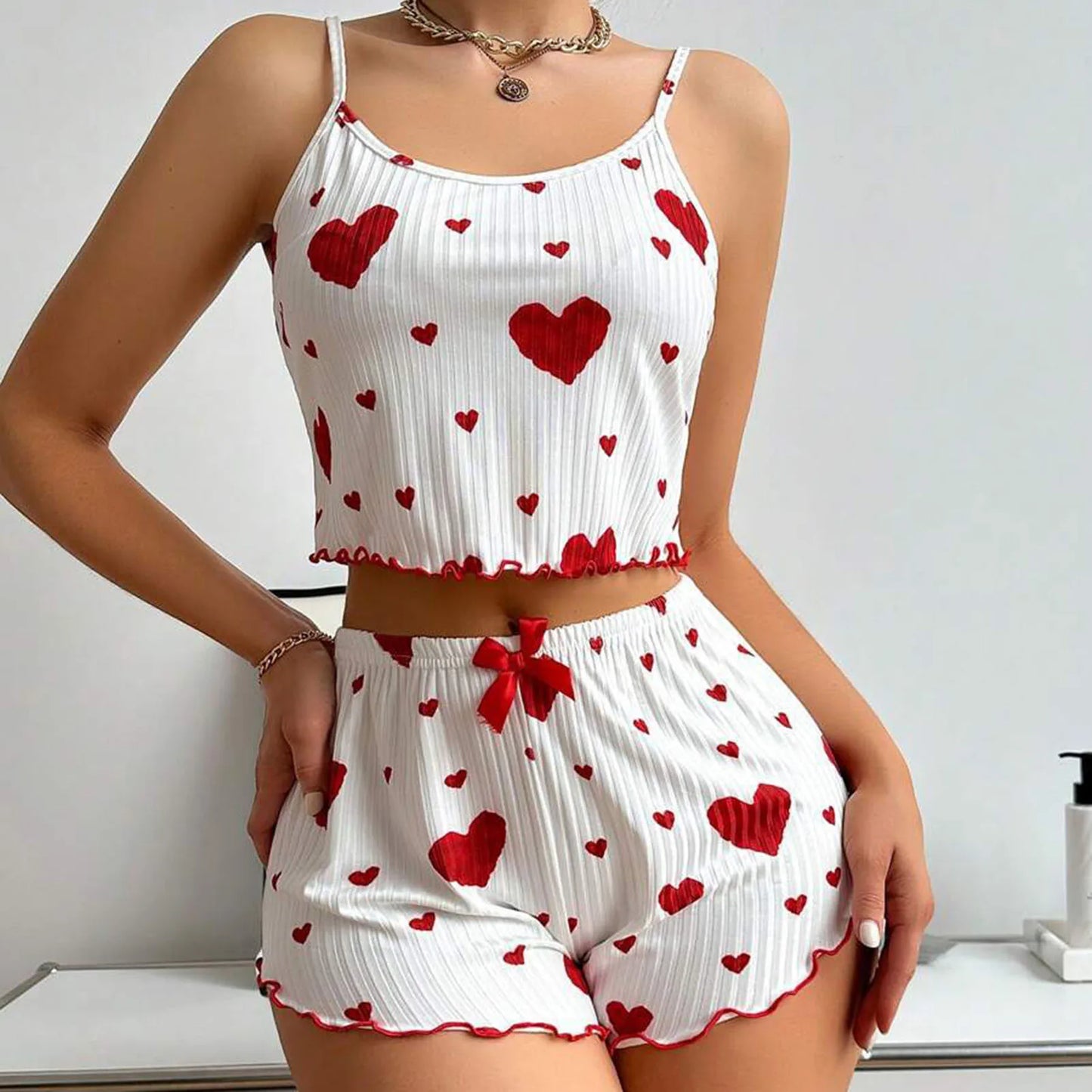 2Pcs/Set Summer Women Top Shorts Suit Backless Heart Print Bow Decor Sleeveless Vest Elastic High Waist Short Pants Lady Outfit