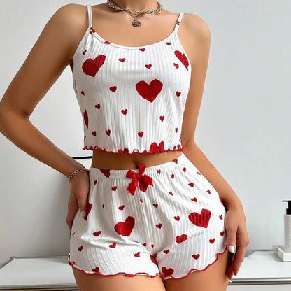 2Pcs/Set Summer Women Top Shorts Suit Backless Heart Print Bow Decor Sleeveless Vest Elastic High Waist Short Pants Lady Outfit