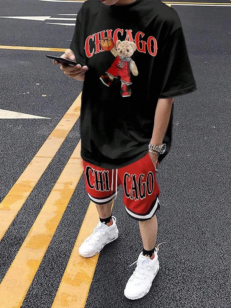 Cartoon Bear 3D Printed Men's Round Neck Short Sleeve 2pcs Suit Urban Street Trend Men's Top Outdoor Men's Drawstring Shorts