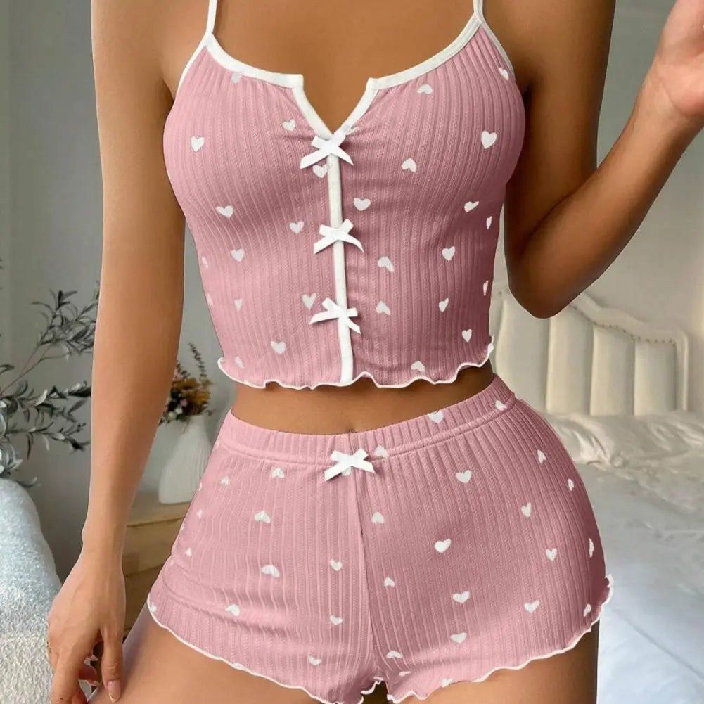 2Pcs/Set Summer Women Top Shorts Suit Backless Heart Print Bow Decor Sleeveless Vest Elastic High Waist Short Pants Lady Outfit