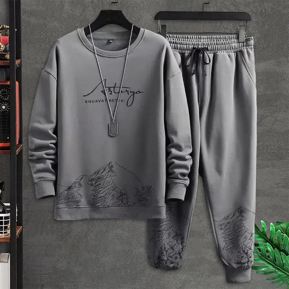 Comfortable Men Track Suit Men's Mountain Print Tracksuit Set with O-neck Sweatshirt Drawstring Jogger Pants for Autumn Winter