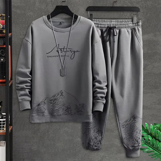 Comfortable Men Track Suit Men's Mountain Print Tracksuit Set with O-neck Sweatshirt Drawstring Jogger Pants for Autumn Winter