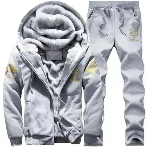 2023 New Winter Thick Men Sports Suit Tracksuit Hooded Sportswear Zipper Cardigan Hooded Woolen Trousers Pants Casual Men Set